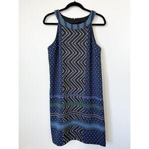 Maggy London Sleeveless Geometric Print Dress 14 Blue Green White Career Spring